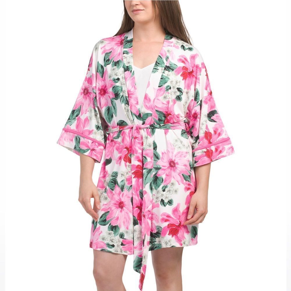 LINEA DONATELLA S/M Zandra Pink White Green Plush Floral Short Kimono Robe